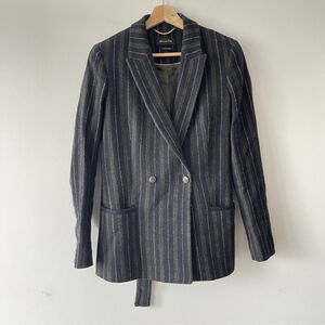 Massimo Dutti Striped Double-Breasted Blazer wool navy green office waist tie 6